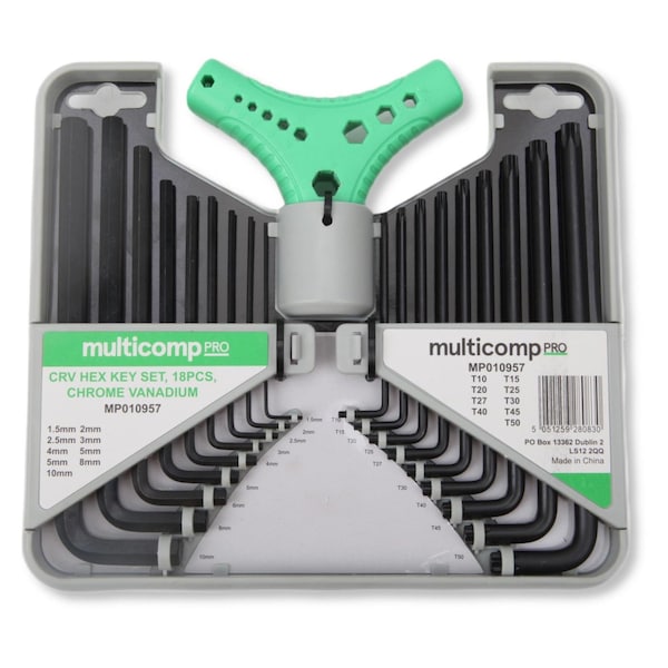 Multicomp Pro Hex Key Set, 18 Pieces, 9x Metric Hex Key, 9x Torx Keys, Red Handle & Plastic Box - MP010957