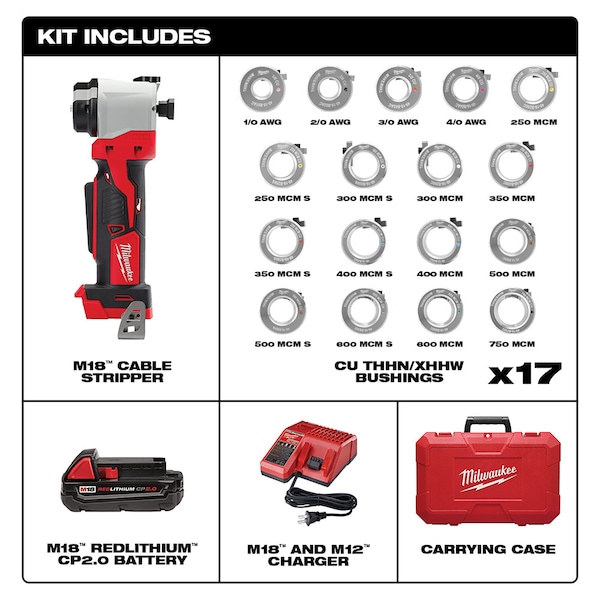 Milwaukee Tool M18 Cable Stripper Kit with 17 Cu THHN / XHHW Bushings - 2935CU-21S