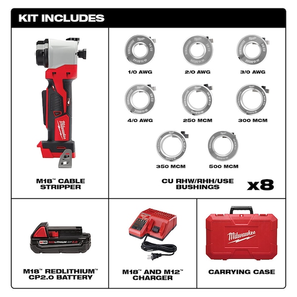 Milwaukee Tool M18 Cable Stripper Kit for Cu & Al RHW / RHH / USE - 2935X-21