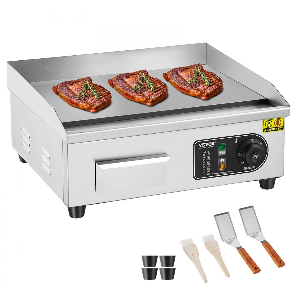 VEVOR Commercial Electric Griddle, 1700W Countertop Flat Top Grill, 122℉-572 ℉ Adjustable Temp, 17.72 x 11.81 x 0.39in Stainless Steel Griddle Grill with 2 Shovels and 2 Brushes for Home or Restaurant - SYKDBLQP10MM4ZCK7V1