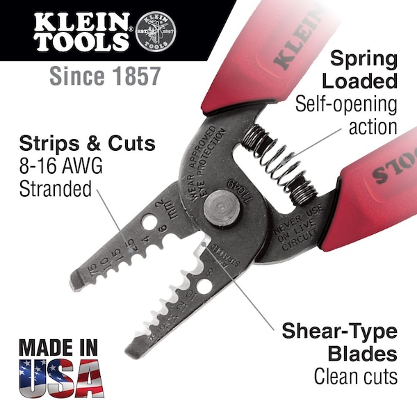 Klein Tools 6 1/4 in Wire Stripper Strips and Cuts: 16 to 8 AWG - 11049