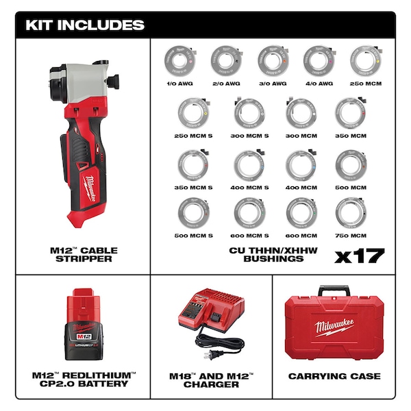 Milwaukee Tool M12 Cable Stripper Kit with 17 Cu THHN / XHHW Bushings - 2435CU-21S