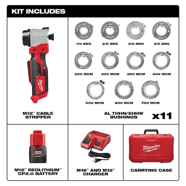 Milwaukee Tool M12 Cable Stripper Kit with 11 Al THHN / XHHW Bushings - 2435AL-21