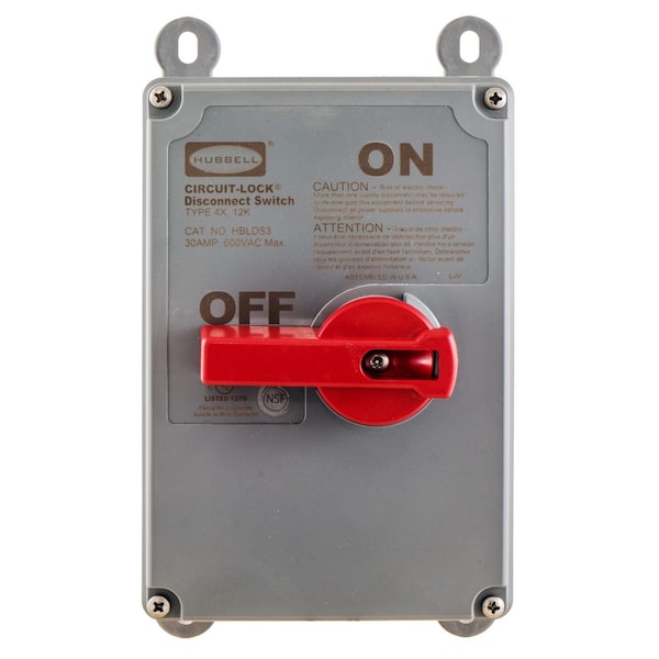 Interruptor de desconexión cerrado no fusible Hubbell, 30 A, 600V CA, 3 polos, NEMA 12K, 4, 4X - HBLDS3