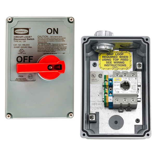 Interruptor de desconexión cerrado no fusible Hubbell, 30 A, 600V CA, 3 polos, NEMA 12K, 4, 4X - HBLDS3