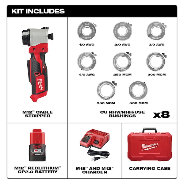 Milwaukee Tool M12 Cable Stripper Kit for Cu RHW / RHH / USE - 2435X-21