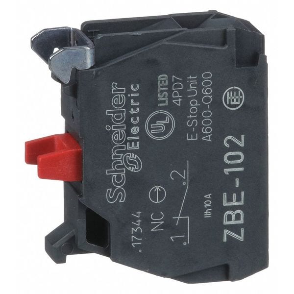 Bloque de contacto Schneider Electric, momentáneo, 1NC, 22 mm, 10A @ 600V AC, terminal de tornillo/abrazadera, A600/Q600, negro/rojo - ZBE102