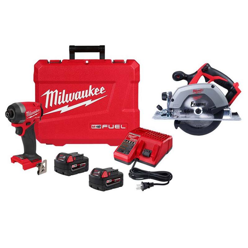 Juego de llave de impacto inalámbrica sin escobillas Milwaukee M18 FUEL de 18 V con batería de iones de litio de 1/4 de pulgada y sierra circular de 6-1/2 pulgadas - 2953-22-2630-20