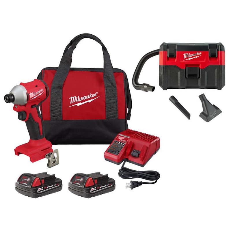 Kit de destornillador de impacto inalámbrico sin escobillas de 1/4 de pulgada Milwaukee M18 de 18 voltios con batería de iones de litio y Aspiradora húmeda/seca inalámbrica de 2 galones M18 - 3650-22CT-0880-20