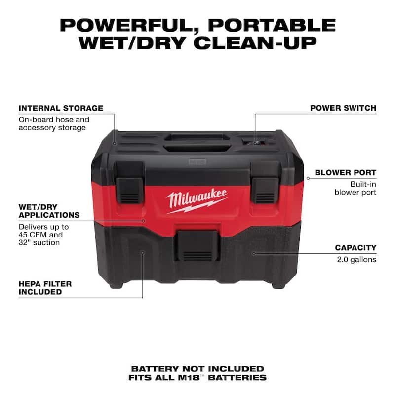 Kit de destornillador de impacto inalámbrico sin escobillas de 1/4 de pulgada Milwaukee M18 de 18 voltios con batería de iones de litio y Aspiradora húmeda/seca inalámbrica de 2 galones M18 - 3650-22CT-0880-20