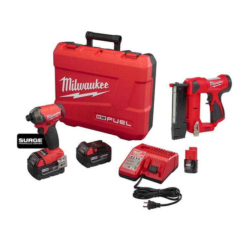 Milwaukee M18 FUEL SURGE 18V Lithium-Ion Brushless Cordless 1/4 in. Hex Impact Driver Kit con M12 Clavadora de Pines y Batería de 2.0 Ah - 2760-22-2540-20-48-11-2420