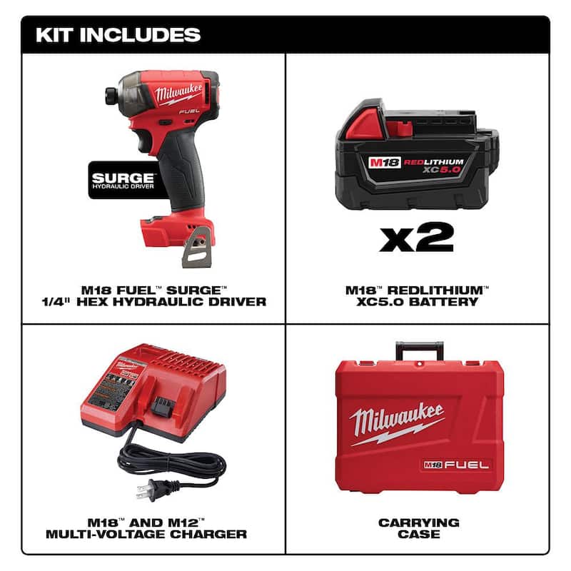 Milwaukee M18 FUEL SURGE 18V Lithium-Ion Brushless Cordless 1/4 in. Hex Impact Driver Kit con M12 Clavadora de Pines y Batería de 2.0 Ah - 2760-22-2540-20-48-11-2420