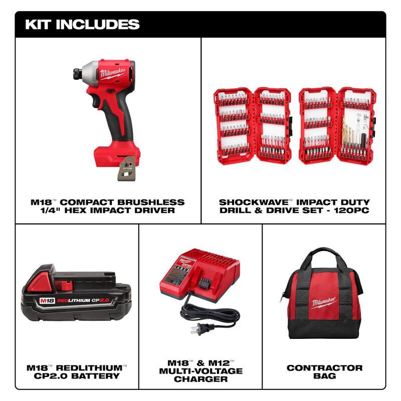 Kit de controlador de impacto inalámbrico compacto Milwaukee M18 de 18 voltios con tecnología de cepillo de litio, incluye una batería de 2.0 Ah, cargador y juego de puntas (120 piezas) - 3650-21P-48-32-5155