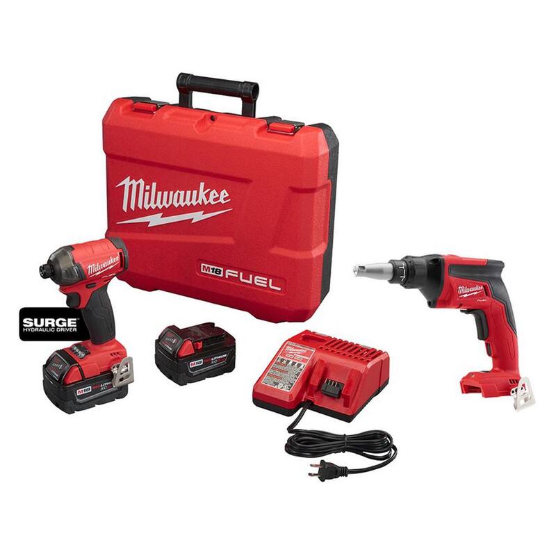 Kit de destornillador de impacto sin escobillas Milwaukee M18 FUEL SURGE de 18V, con batería de iones de litio, 1/4 de pulgada, y un atornillador de paneles de yeso M18 - 2760-22-2866-20.