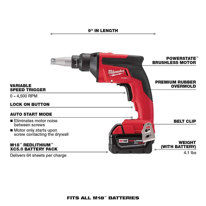 Kit de destornillador de impacto sin escobillas Milwaukee M18 FUEL SURGE de 18V, con batería de iones de litio, 1/4 de pulgada, y un atornillador de paneles de yeso M18 - 2760-22-2866-20.