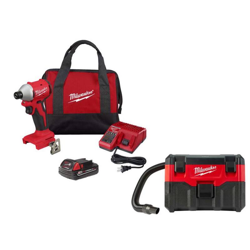 Kit de controlador de impacto compacto inalámbrico sin escobillas Milwaukee M18 de 18V con batería de 2.0Ah, cargador, bolsa y aspiradora húmeda/seca M18 de 2 galones - 3650-21P-0880-20