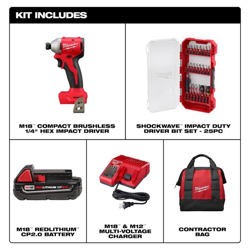 Juego de destornillador de impacto inalámbrico compacto Milwaukee M18 18V Lith-Ion con motor sin escobillas con una batería de 2.0 Ah, cargador y juego de puntas (25 piezas) - 3650-21P-48-32-4095.