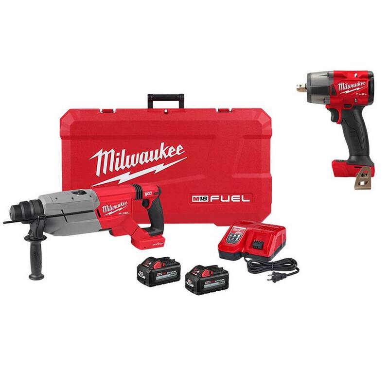 Milwaukee M18 FUEL ONE-KEY 18V Lithium-Ion Brushless Cordless 1-1/4 in. SDS-Plus D-Handle Rotary Hammer Kit with Impact Wrench - 2916-22-2962P-20