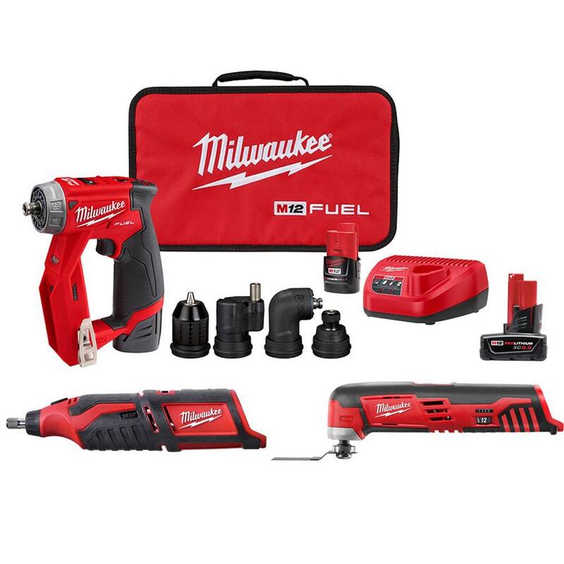 Milwaukee M12 FUEL 12V Li-Ion Inalámbrico 4-en-1 Kit de Taladro/Atornillador 3/8 pulg. para Instalaciones con Herramienta Múltiple, Herramienta Rotativa y Batería de 6.0 Ah - 2505-22-2426-20-2460-20-48-11-2460