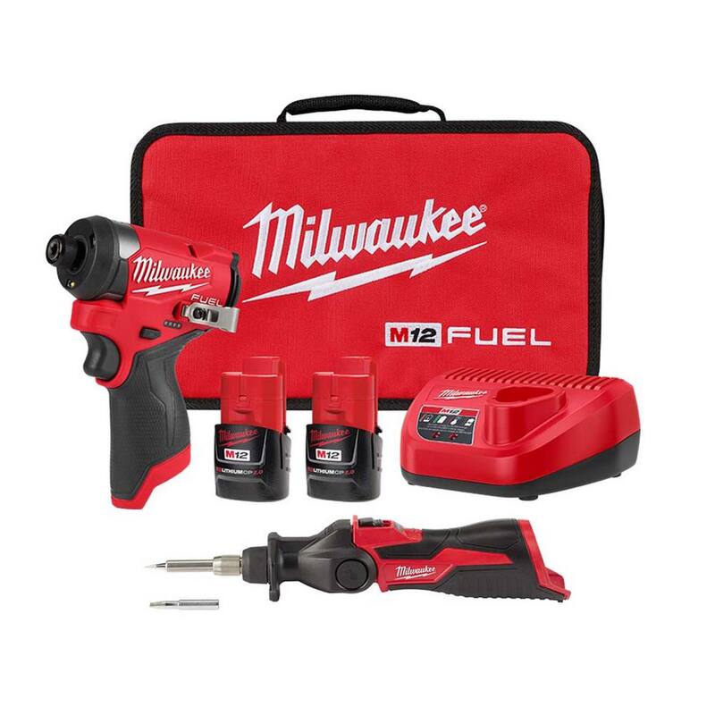 Juego de destornillador de impacto inalámbrico Milwaukee M12 FUEL de 12 voltios con tecnología de iones de litio sin escobillas de 1/4 de pulgada y soldador M12 - 3453-22-2488-20