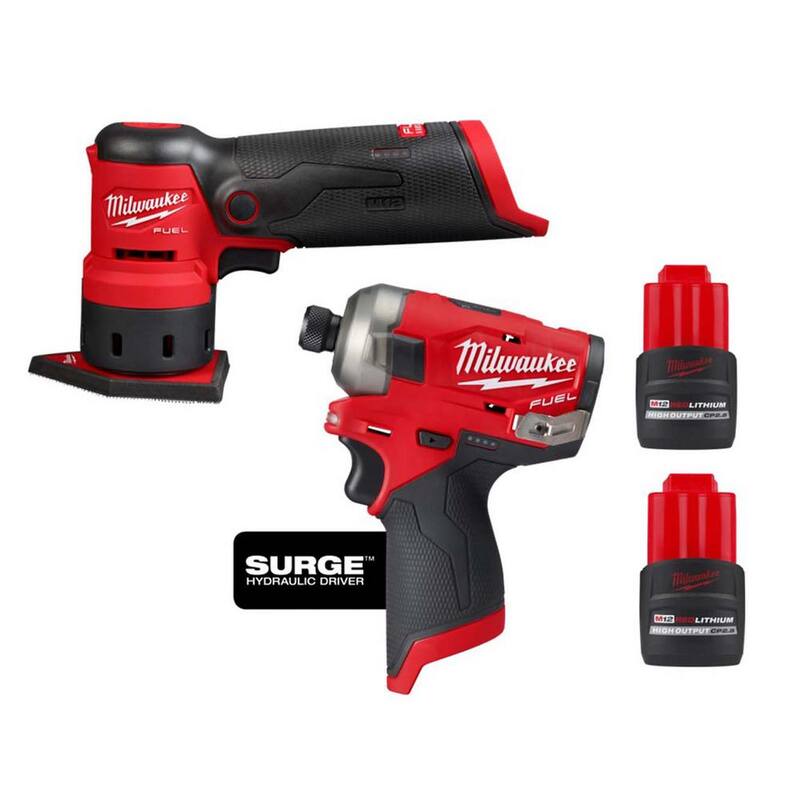 Milwaukee M12 FUEL SURGE 12-Volt 1/4 in. Hex Impact Driver con Lijadora Orbital M12 FUEL 12V y (2) Baterías M12 HO 2.5 Ah - 2551-20-2531-20-48-11-2425-48-11-2425