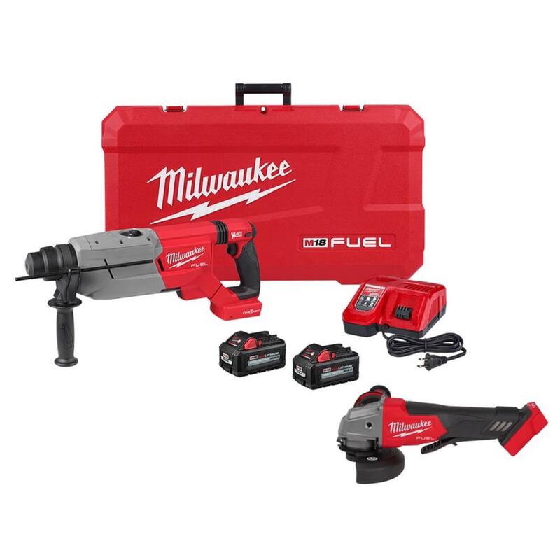 Equipo de taladro rotativo de martillo inalámbrico Milwaukee M18 FUEL ONE-KEY de 18V con motor de cepillo de iones de litio de 1-1/4 pulgadas SDS-Plus y mango en D, kit con amoladora FUEL - 2916-22-2880-20