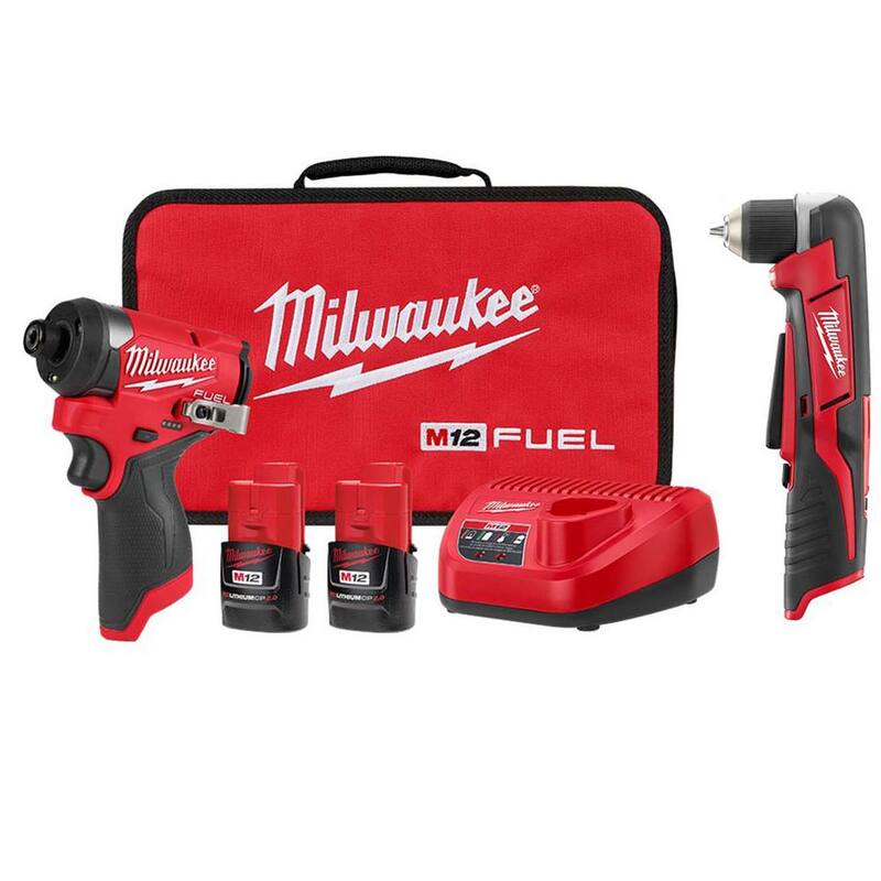 Kit de destornillador de impacto sin escobillas de litio de 12 voltios Milwaukee M12 FUEL de 1/4 de pulgada con taladro angular derecho M12 - 3453-22-2415-20