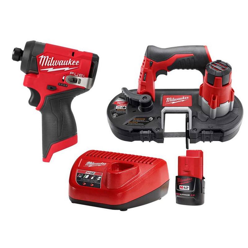 Combo de Kit Milwaukee M12 FUEL de 12 voltios con batería de iones de litio sin escobillas de 1/4 de pulgada, taladro de impacto/bandas de sierra inalámbrica con una batería de 2.0Ah y cargador - 3453-20-2429-20-48-59-2420.