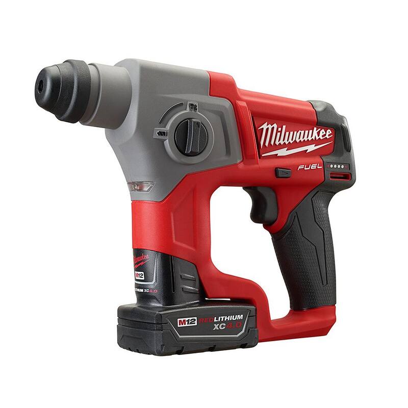 Juego de martillo rotativo Milwaukee M12 FUEL de 12V con tecnología de iones de litio sin escobillas de 5/8 de pulgada SDS-Plus con luz LED de inundación M12 - 2416-21XC-2364-20.