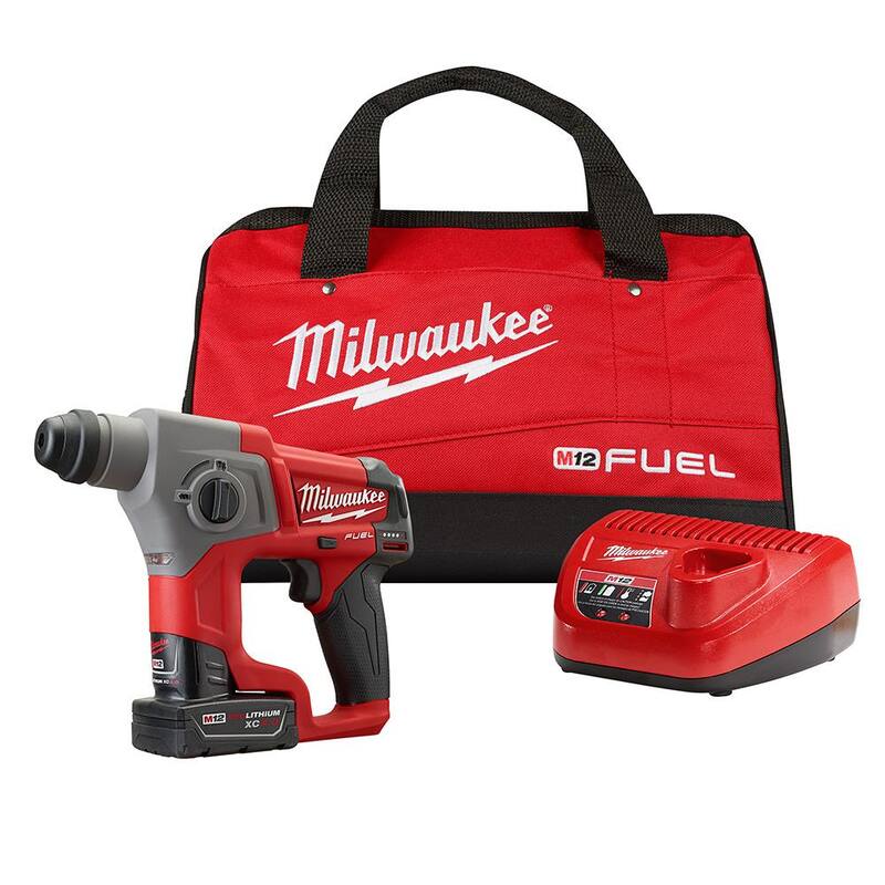 Juego de martillo rotativo Milwaukee M12 FUEL de 12V con tecnología de iones de litio sin escobillas de 5/8 de pulgada SDS-Plus con luz LED de inundación M12 - 2416-21XC-2364-20.