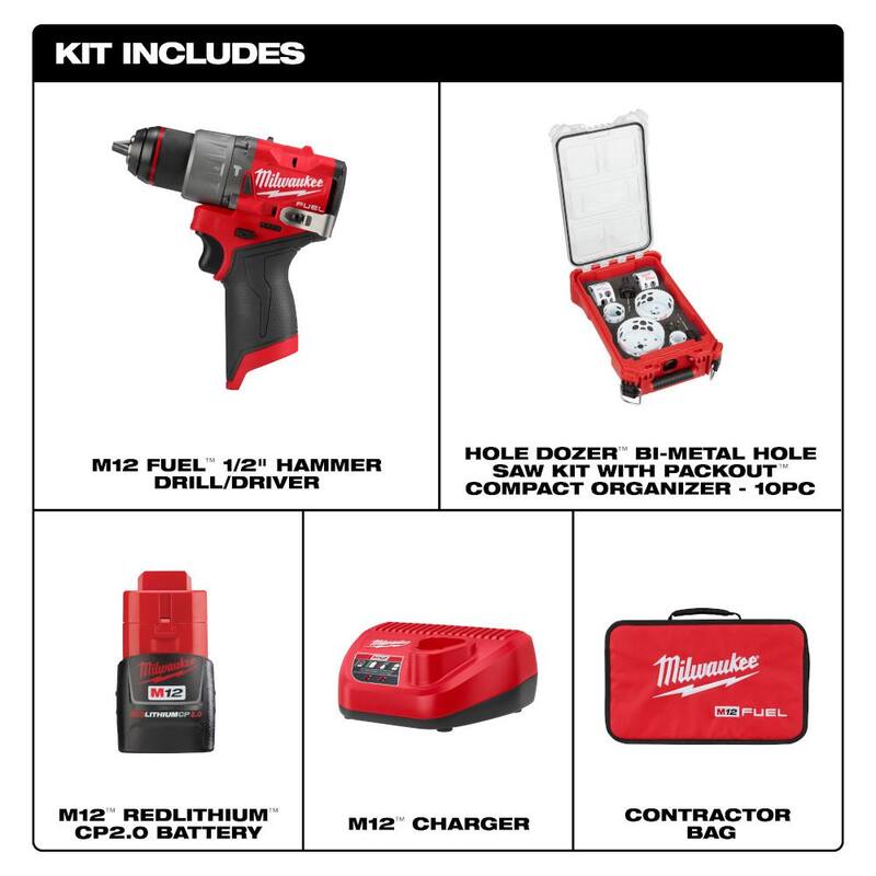 Milwaukee M12 FUEL 12-Volt Li-Ion Brushless Cordless 1/2 in. Hammer Drill con batería de 2.0Ah, cargador y PACKOUT Hole Saw Set (10 piezas) - 3404-21-49-22-5606.