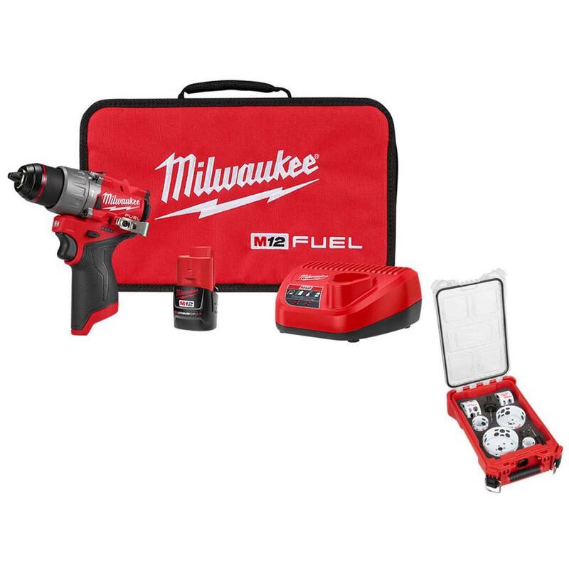 Milwaukee M12 FUEL 12-Volt Li-Ion Brushless Cordless 1/2 in. Hammer Drill con batería de 2.0Ah, cargador y PACKOUT Hole Saw Set (10 piezas) - 3404-21-49-22-5606.