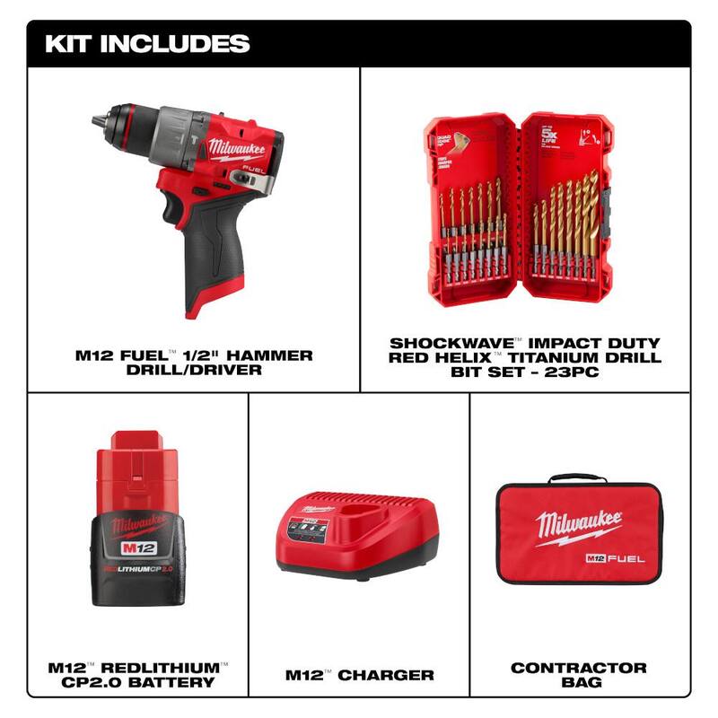 Milwaukee M12 FUEL 12-Volt Li-Ion Brushless Cordless 1/2 in. Hammer Drill Kit w CP 2.0Ah Battery, Charger & Twist Bit Set (23-Pc) - 3404-21-48-89-4631

Equipo de taladro percutor inalámbrico Milwaukee M12 FUEL de 12 voltios con motor sin escobillas de 1/2 pulgada, batería CP 2.0Ah, cargador y set de brocas Twist (23 piezas) - 3404-21-48-89-4631