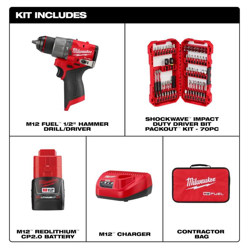 Milwaukee M12 FUEL Taladro Martillo Inalámbrico sin Escobillas de 12 voltios con Batería CP 2.0Ah, Cargador y Juego de Brocas (70 piezas) - 3404-21-48-32-5151