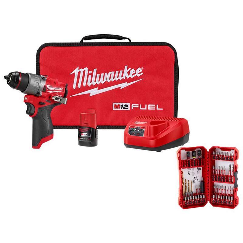 Milwaukee M12 FUEL Taladro percutor inalámbrico sin escobillas de iones de litio de 12 voltios con kit de brocas de martillo de 1/2 pulgadas, batería CP 2.0Ah, cargador y juego de brocas (50 piezas) - 3404-21-48-32-4024
