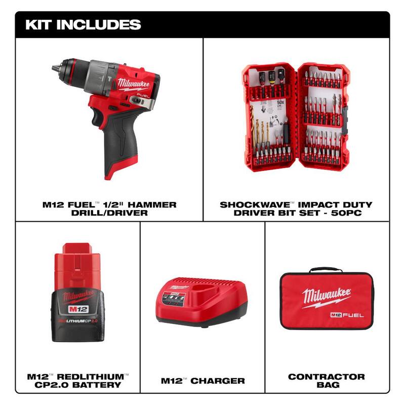 Milwaukee M12 FUEL Taladro percutor inalámbrico sin escobillas de iones de litio de 12 voltios con kit de brocas de martillo de 1/2 pulgadas, batería CP 2.0Ah, cargador y juego de brocas (50 piezas) - 3404-21-48-32-4024