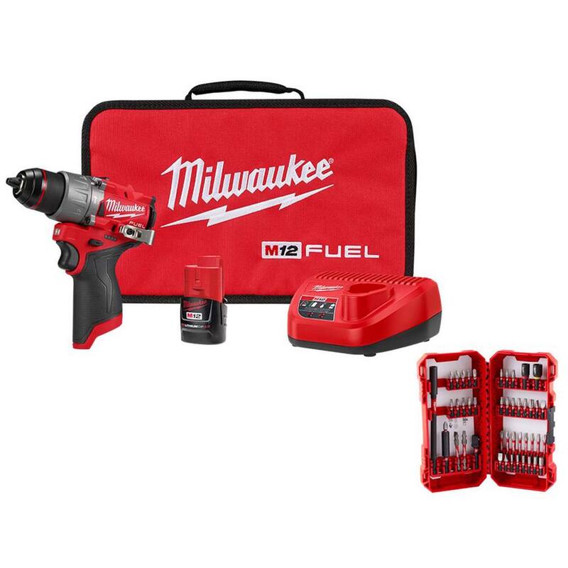 Juego de taladro de martillo inalámbrico con motor sin escobillas Milwaukee M12 FUEL de 12 voltios, batería de 2.0Ah, cargador y set de puntas (45 piezas) - 3404-21-48-32-4023