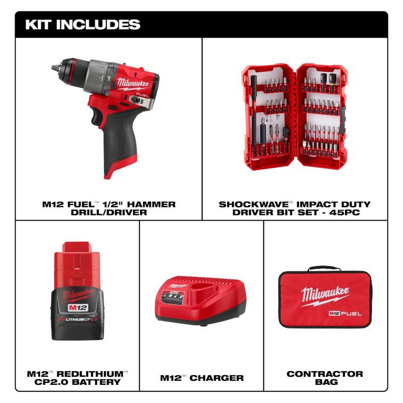 Juego de taladro de martillo inalámbrico con motor sin escobillas Milwaukee M12 FUEL de 12 voltios, batería de 2.0Ah, cargador y set de puntas (45 piezas) - 3404-21-48-32-4023