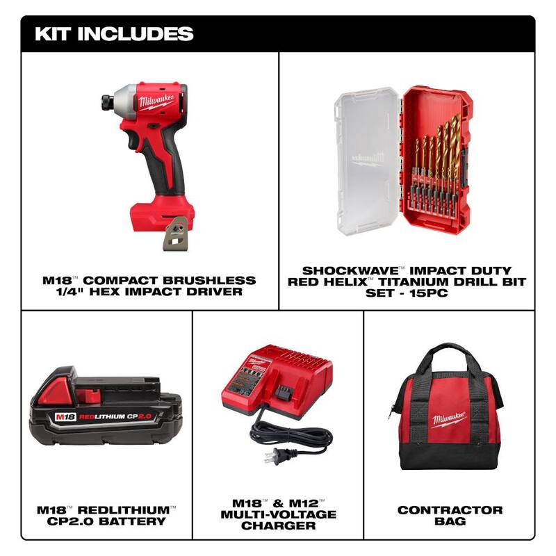 Kit de controlador de impacto inalámbrico compacto Milwaukee M18 18V Lith-Ion con motor sin escobillas, incluye una batería de 2.0 Ah, cargador y juego de puntas de taladro (15 piezas) - 3650-21P-48-89-4670