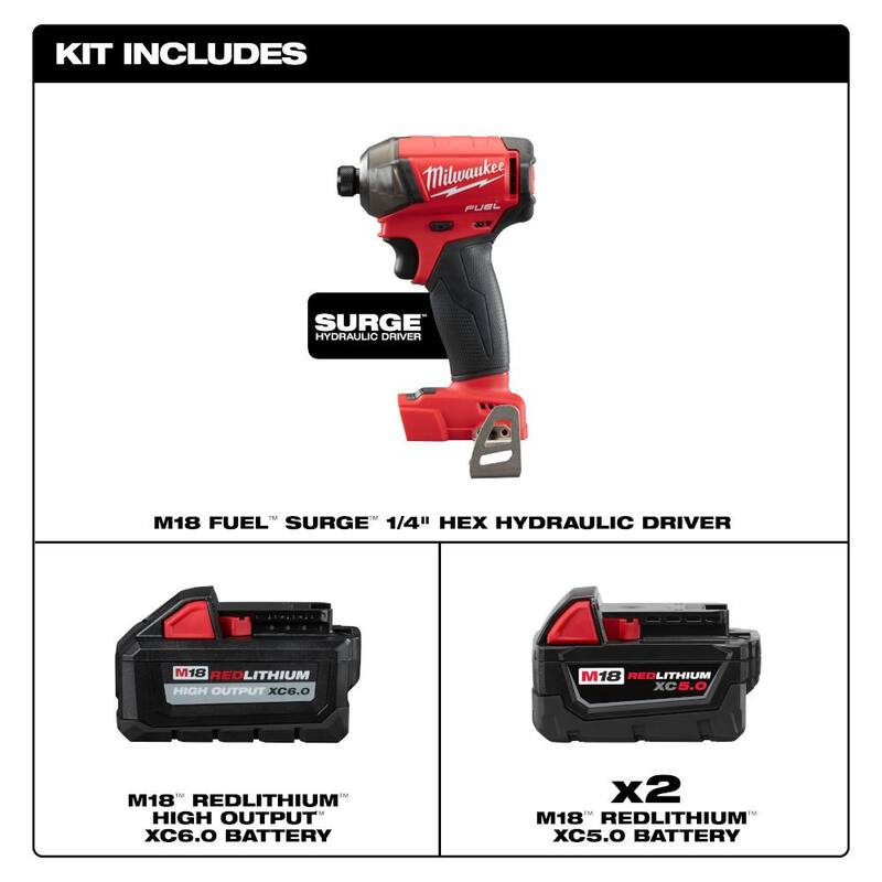 Milwaukee M18 FUEL SURGE 18V Impact Driver inalámbrico sin escobillas de iones de litio con batería de alto rendimiento de 6.0Ah y (2) baterías de 5.0Ah - 2760-20-48-11-1856