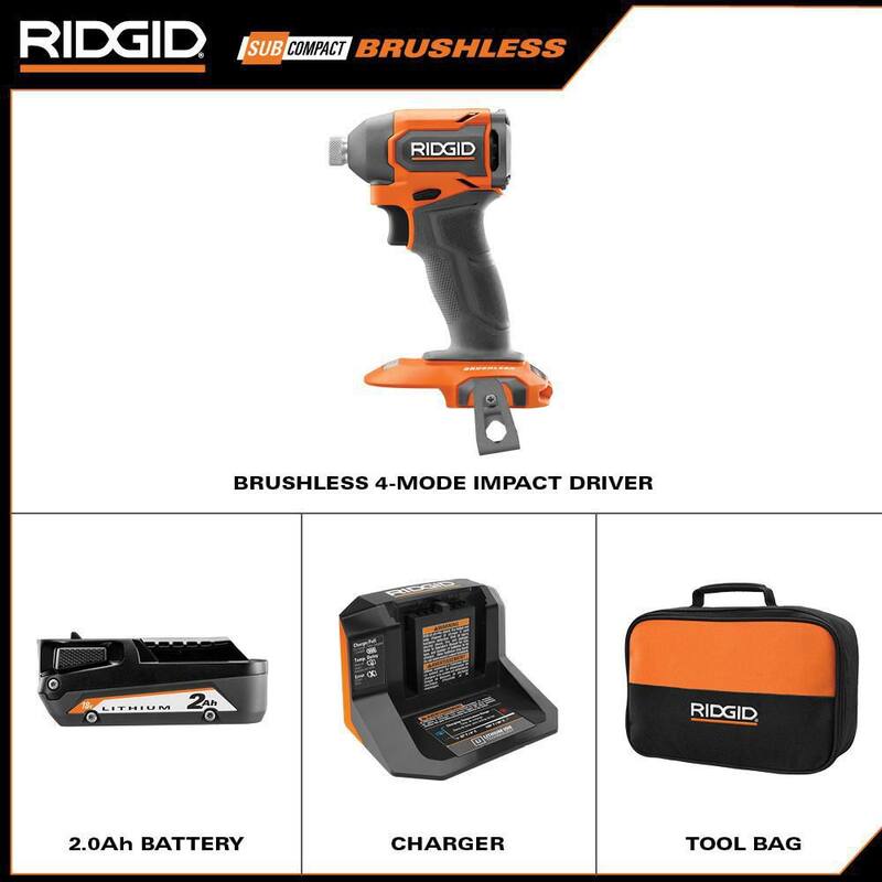 Kit de Atornillador de Impacto Inalámbrico Brushless Subcompacto de 18V RIDGID con Batería de 2.0 Ah, Cargador y Bolsa de Herramientas - R872311K