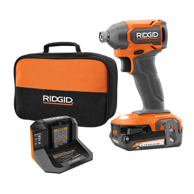 Kit de Atornillador de Impacto Inalámbrico Brushless Subcompacto de 18V RIDGID con Batería de 2.0 Ah, Cargador y Bolsa de Herramientas - R872311K