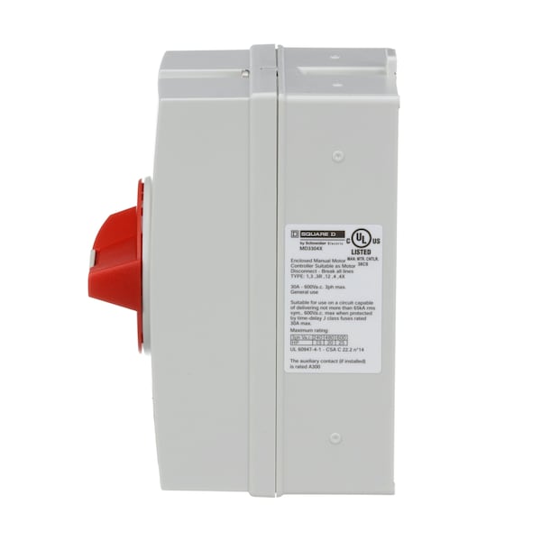 Interruptor de desconexión de un solo polo cerrado sin fusible Square D, 30 A, 220 a 240V AC, 440 a 480V AC, 600V AC - MD3304X