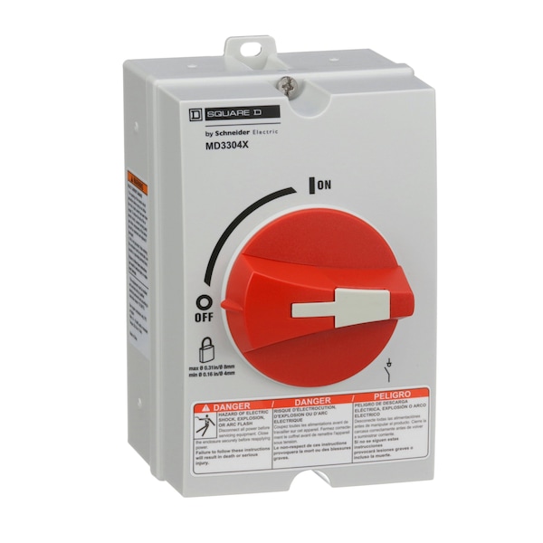Interruptor de desconexión de un solo polo cerrado sin fusible Square D, 30 A, 220 a 240V AC, 440 a 480V AC, 600V AC - MD3304X