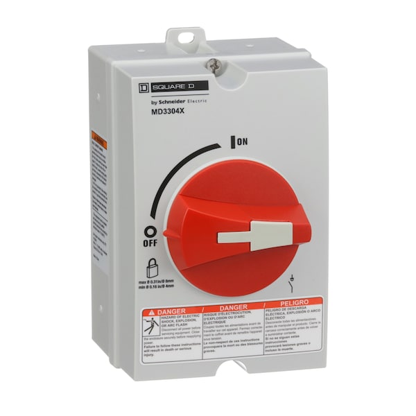 Interruptor de desconexión de un solo polo cerrado sin fusible Square D, 30 A, 220 a 240V AC, 440 a 480V AC, 600V AC - MD3304X