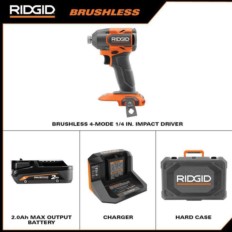 Juego de Impacto Inalámbrico de 18V y Sin Escobillas de 4 Modos de RIDGID con Batería de Salida Máxima de 2.0 Ah, Cargador y Estuche - R862312K