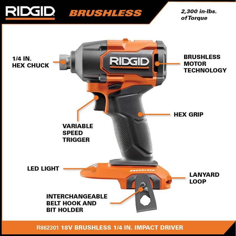 RIDGID 18V Inalámbrico con Motor sin Escobillas 1/4 pulg. Atornillador de Impacto (Sólo Herramienta) - R862301B