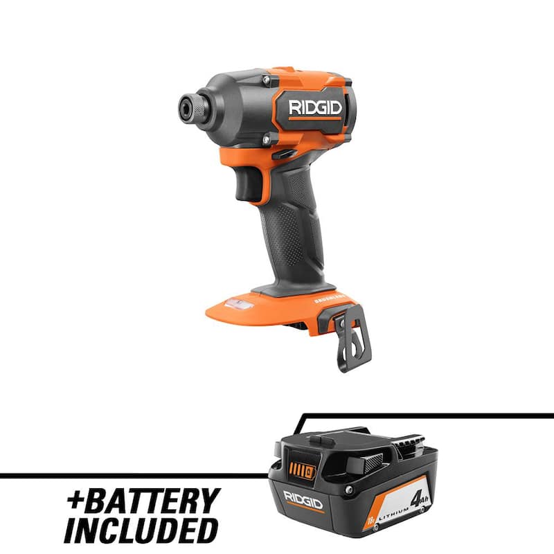 Atornillador de impacto inalámbrico sin escobillas de 18V RIDGID con 3 velocidades y batería de iones de litio de 18V 4.0 Ah - R862311B-AC87004