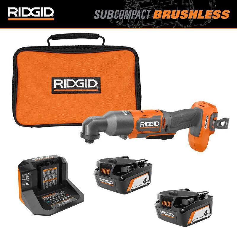 Kit de baterías RIDGID 18V (2) 4.0 Ah y cargador con Taladro de Impacto Angular Derecho Inalámbrico Subcompacto de 18V Brushless - AC93044SBN-R87730B