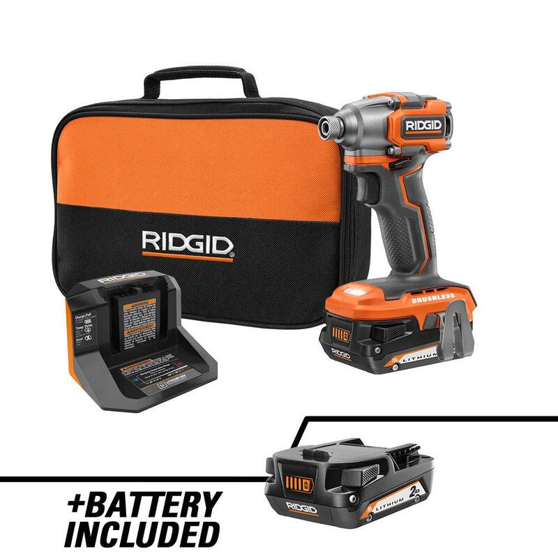 Kit de impacto inalámbrico sin escobillas RIDGID 18V SubCompact con batería de 2.0 Ah, cargador y batería adicional de 2.0 Ah - R8723K-AC8400802
